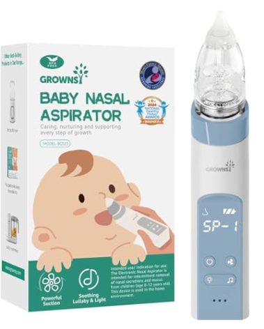 GROWNSY Nasal Aspirator for Baby, Electric Nose Aspirator for Toddler, Baby Nose Sucker, Automatic Nose Cleaner with 3 Silicone Tips, Adjustable Suction Level, Music and Light Soothing Function, Blue