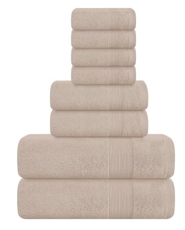 Belizzi Home 8 Piece Towel Set 100% Ring Spun Cotton, 2 Bath Towels 27x54, 2 Hand Towels 16x28 and 4 Washcloths 13x13 - Ultra Soft Highly Absorbent Machine Washable Hotel Spa Quality - Tan