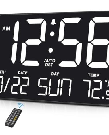 Soobest Large Display Digital Wall Calendar Clock with Date Day of Week, Alarm Clock for Bedroom Desk, Timer for Home Gym Workout 6 Dimmer Auto DST 12/24hr with Remote and Temperature(White)