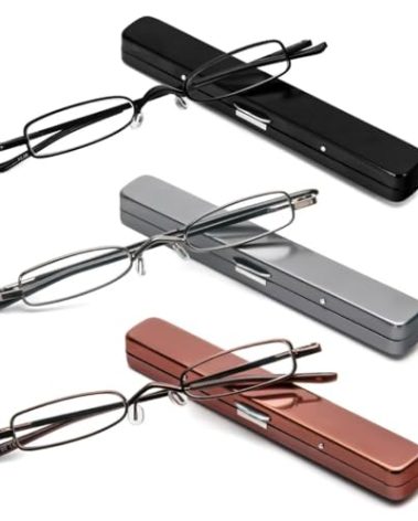 MMOWW Small Reading Glasses Men Women 3 Pairs Slim Pocket Readers with Pen Clip Metal Case Spring Hinge (Black+Brown+Gun Colors,+2.75)