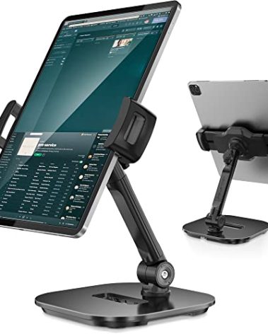 AboveTEK Upgraded Desktop Tablet Stand, 360° Swivel Tablet & Phone Desk Mount Holders for Any 4.7''-13.5'' Display iPad/Cell Phones, Stylish & Sturdy Stands for Store Office Showcase Reception (Black)