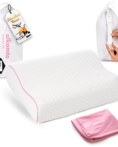 alkamto Travel & Camping Comfortable Memory Foam Pillow – Easy to Carry Portable Bag – Temperature Regulating Pillow Case (Pink Contour + Extra Cover)