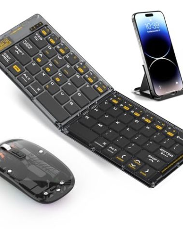 Foldable & Folding Wireless Keyboard Set Combo for iPad, Transparent Bluetooth Typepad & Mouse, Compatible with iOS, Windows, Android, Smartphones, Laptops, etc.