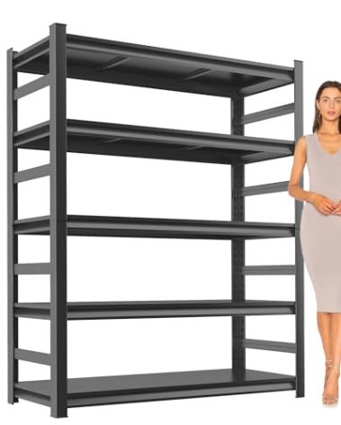 Metal Garage Shelving Unit, Heavy Duty 5-Tier Adjustable Storage shelves, Steel Shelving, 3000 lbs Capacity, Industrial Shelves for Heavy Tools and Equipment, Ideal for Garage, Basement, Black, 72"