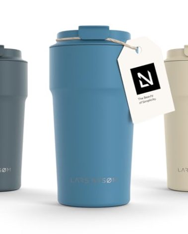 LARS NYSØM Thermo Coffee Mug to go 17oz | Travel Mug 0.5 Liter with Insulation | Leak Proof Stainless Steel Thermal Tumbler for Coffee and Tea on the Go (Calypso Blue, 17oz)