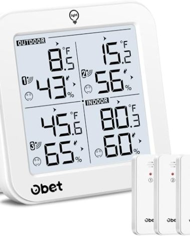 OBET Indoor Outdoor Thermometer Wireless with 3 Sensors Weather Station Temperature Humidity Monitor 500ft Range and Adjustable Backlight and Min Max Data White