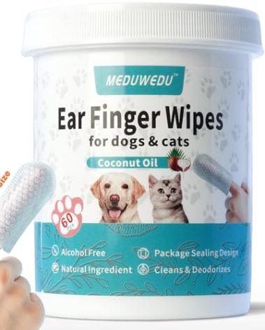 MEDUWEDU Wider Ear Cleaner Finger Wipes 60 Counts, Dog Ear Cleaner, Grooming Kit Care for Dogs and Cats,Otic Cleaning Pads, Remove Wax, Dirt & Stop Smelly, Itchy, Non-Irritating, Coconut Scent