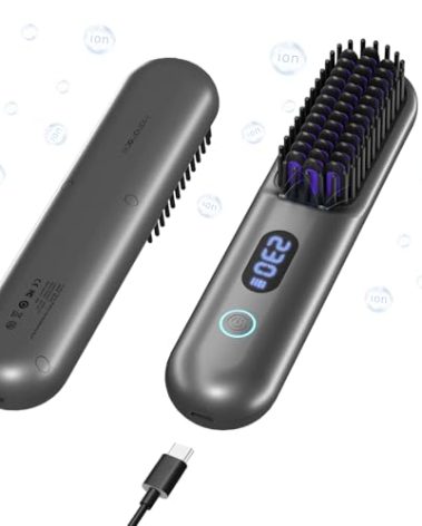 Cordless Hair Straightener Brush-Portable Straightening Comb, 9600mAh Batt, Plasma Tech, 9 Temp-Settings & LED Display, for Travel & Home (Metallic Grey)