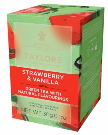 Taylors of Harrogate Strawberry & Vanilla, Green Tea, Individually Wrapped Bags, 20 Count (Pack of 1), Smooth, Juicy and Sweet, Caffeinated, Enjoy Hot or Iced, 20 Teabags