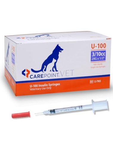 Carepoint Vet U-100 Pet Insulin Syringes, 29G x 1/2" 3/10cc, Comfortable Injection, Bold Permanent Markings for Accurate Dosage, Disposable, Box of 100