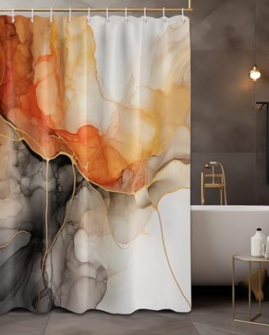 Lvetong Burnt Orange and Black Marble Shower Curtain Gold Black and Orange Abstract Modren Bathroom Decor, Waterproof Cloth Fabric with Hooks 70''W x 72''L