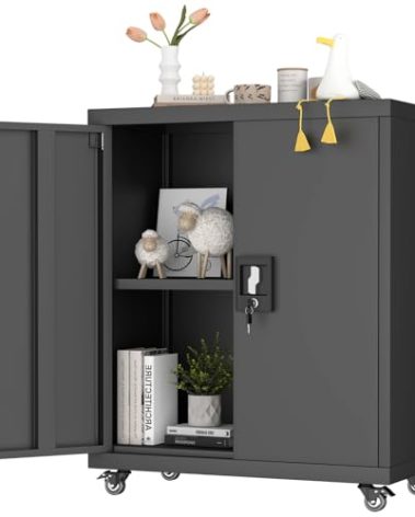 GREATMEET Metal Garage Storage Cabinets with Wheels, 31.5" H Small Locking Storage Cabinet with Doors and Adjustable Shelves, Utility Cabinets for Storage for Garage, Office, Home (Black)