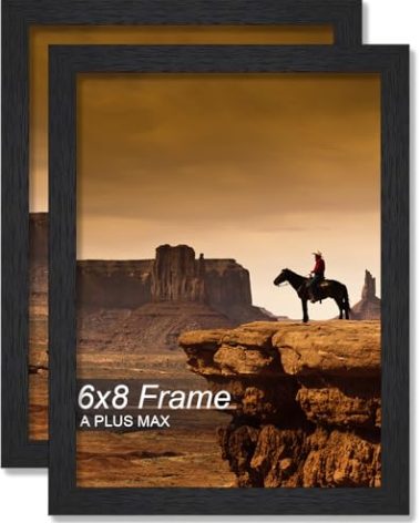 A PLUS MAX 6x8 Picture Frame Set of 2, Black Engineered Wood Frame for 6 x 8 Inch Picture Poster Photo, Light Weight 6 by 8 Frame with Wood-grain for Wall - 2 Pack/Black/6"x8"