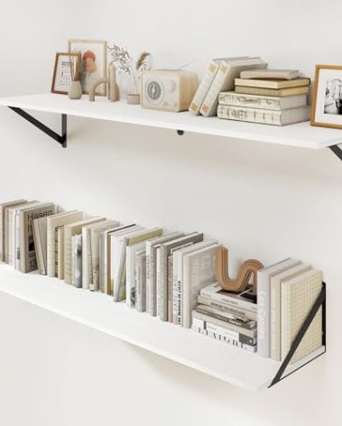 Heimlove White Deep Floating Shelves for Wall, 40W x 8D Wood Wall Shelves Set of 2, Wide Floating Bookshelf for Living Room, Kitchen, Office, Bedroom and Decor Storage, with Black Bracket - White