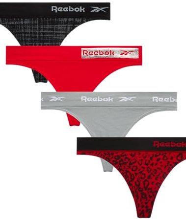 Reebok Womens Thongs - 4 Pack Performance Stretch G-String Thongs for Women - Breathable No Show Sexy Lingerie Underwear, Size Small, Jackquard/Crimson/Sharkskin/Black