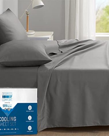 Degrees of Comfort Coolmax® Cooling Bed Sheets King Size for Hot Sleepers, Moisture Wicking Sheet Set for Night Sweats, Deep Pocket, Ultra Soft, Cozy for All Seasons, Grey 4 Pieces