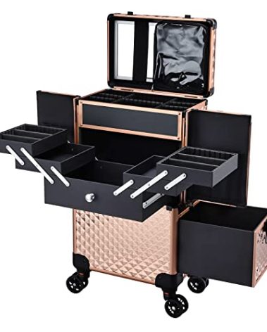 Adazzo Professional Makeup Artist Rolling Train Case Multi-functional Cosmetic Train Case Large Trolley Storage Case for Nail Technicians Cosmetology Case for Hairstylist Rose Gold