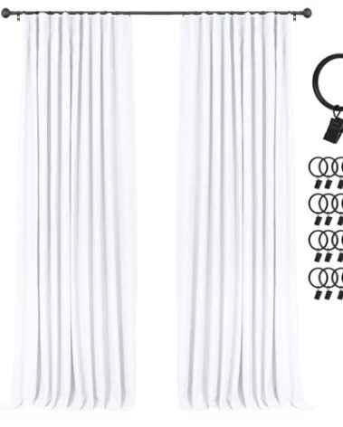 INOVADAY 100% Blackout Curtains for Bedroom, Black Out Curtains 120 Inch Long, Clip Rings Linen Blackout Drapes, Thermal Insulated Room Darkening for Living Room, 2 Panels - Brightwhite,W50xL120