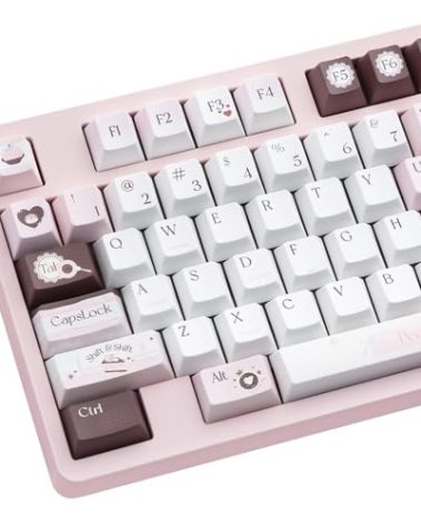 TIMSEKER 130 Keys Pink Cute Keyboard Keycaps Set, Custom PBT Cherry Profile Keycap, Thick Dye Sub Keycaps Kawaii, White Chocolate Keycap Brown, Kawaii Key Caps for ANSI/ISO Mechanical Keyboard