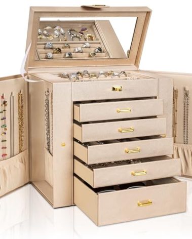 AKOZLIN Huge Jewelry Box Organizer Functional Extra Large Leather Jewelry Storage Case for Women Girls Ring Necklace Earring Bracelet Holder Organizer with Mirror