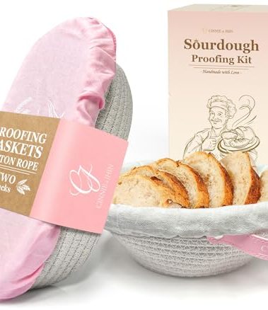 Cotton Rope Banneton Bread Proofing Basket, 2 Set, Oval & Round Baskets with Cloth Liners & Pink Covers - Artisan Sourdough Baking Supplies, Decorative Baking Tools for Kitchen & Gift for Baker