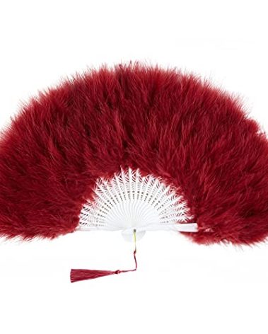 BABEYOND Marabou Feather Fan 20s Vintage Folding Fan Flapper Hand Fan for Costume Dancing Show Tea Party Wedding Decoration (Wine Red)