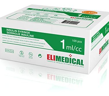 Elimedical Veterinary Insulin Syringe, U-100, 1cc (1ml), 27G x 1/2 inch (12.7mm), Individually Packed, for Pet Cat or Dog, 100 per box, 10LDS2713B