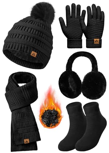 Jyanl Womens Winter Beanie Hat Scarf Gloves Set Fleece Hat Long Scarf Neck Warmer Ear muffs Fuzzy Socks 5 in 1 Knit Sets