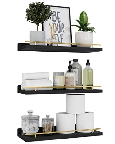 WOPITUES Floating Shelves with Gold Metal Guardrail, Shelves for Wall Decor Set of 3, Wall Shelves for Bedroom, Bathroom, Kitchen, Living Room, Plants, Picture Frames, Art- Black and Gold