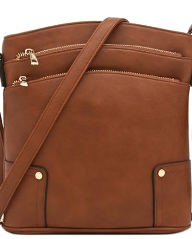 ALYSSA Triple Zip Pocket Large Crossbody Bag (Brown)