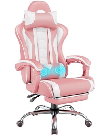 Yaheetech Gaming Chair, Video Game Chair with Massage Lumbar Support and Footrest Height Adjustable Ergonomic Computer Chair with Swivel Seat and Headrest, Pink/White