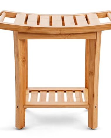 Bamboo Shower Bench with Handles and Shelf – Waterproof Stool for Inside Shower, Bathroom Foot Rest, Shaving Seat, Bamboo Shower Chair for Adults