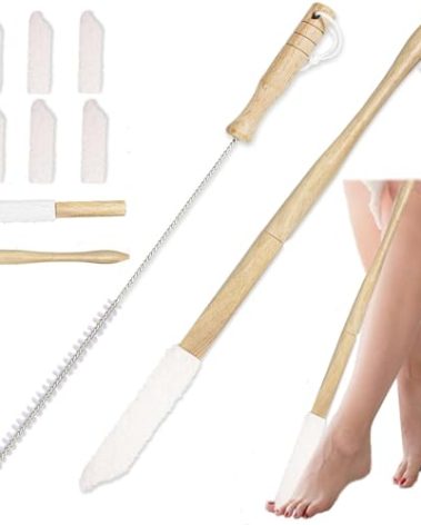 FAMOPLAY Long Handle Foot Brush, Wooden Shower Brush with Reusable Soft Drying Covers, Handled Toe Lotion Applicator for Senior - 2 Sets
