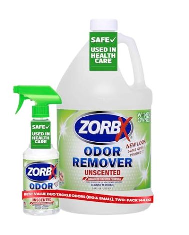 ZORBX Unscented Odor Eliminator for Strong Odor 16 Oz + 128 Oz - Used in Hospitals & Healthcare Facilities - Advanced Trusted Formula, Fast-Acting Odor Remover Spray for Dog, Cat, House & Carpet