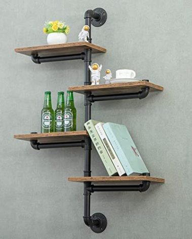 HEONITURE Industrial Pipe Shelving, Pipe Shelves with Wood Planks, Corner Floating Shelves Wall Mounted, Retro Rustic Industrial Shelf for Bar Kitchen Living Room