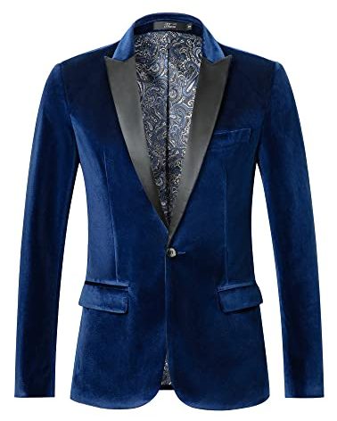 THWEI Mens Velvet Blazer Slim Fit Suit Jacket One Button Tuxedo Blazer Wedding Prom Dinner Royal Blue M