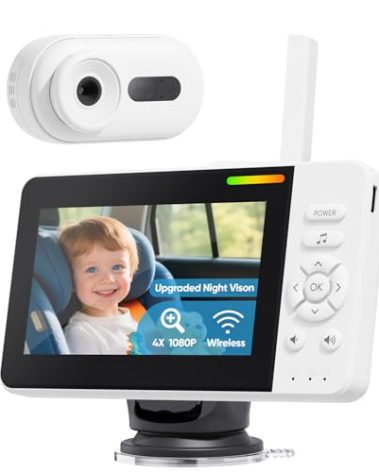 Elzeeo Wireless Baby Car Camera with Upgraded Auto Night Vision, 1080P HD Car Baby Monitor with 360° Adjustable, Easy Install Rear Facing Carseat Mirror, Newborns Travel Essentials Gifts - White