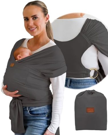 Stylish Dark Gray & Gold Baby Carrier Wrap: Comfortable, Soft & Supportive, Adjustable Ring Sling for Mom & Dad, Ideal for Baby Registry, Newborn to Toddler, Baby Shower