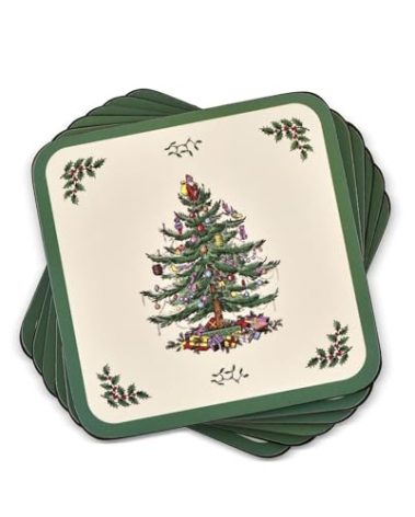 Spode Christmas Tree Cork Back Coaster Set - (4" x 4") Seasonal Holiday Table Decor, MDF Board Exclusive Art Print 5mm Thickness Heat Resistant Stain Guard Festive Dining Room Accent