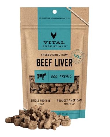 Vital Essentials Single Ingredient Beef Liver Dog Treats, 2.1 oz | Freeze-Dried Raw | Premium Quality High Protein Training Treats | Grain Free, Gluten Free, Filler Free