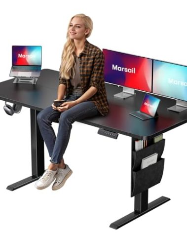 Marsail Electric Adjustable Height Standing Desk with Storage Bag, 55 * 24" Sit Stand Up Desk for Home Office,Computer Gaming Workstation, 4 Memory Height Settings,Cable Manager, and Headphone Hook