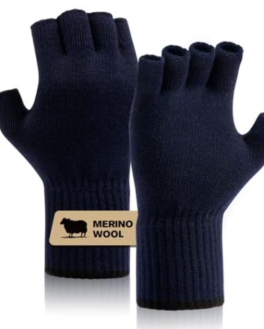 Merino Wool Fingerless Gloves for Men & Women, Half Finger Glove Base Layer Warm with Thermal Soft Knit Liner for Hunting Fishing Hiking S/M (Blue)