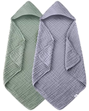 Spotted Play 2 Pack Hooded Baby Towels - 100% Muslin Cotton for Newborns, Infants, Toddlers - Large 32x32Inch Size - Highly Absorbent and Essential for Newborn Care, Green and Grey