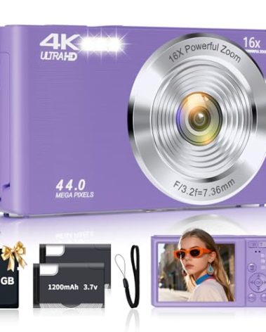 Digital Camera for Teens, FHD 4K 44MP Digital Camera Purple with 64GB SD Card 16X Digital Zoom, Cameras for Photography Compact Point and Shoot Camera for Teen Boys Girls Kids Autofocus Camera Digital