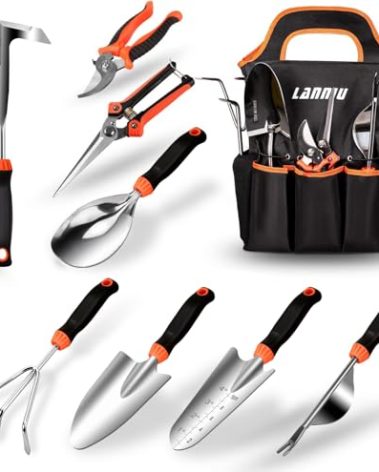 LANNIU Garden Tool Set, 9 Piece Stainless Steel Heavy Duty Gardening Tool Set, with Non-Slip Rubber Grip, Storage Pocket, Ideal Gardening Gifts for Men