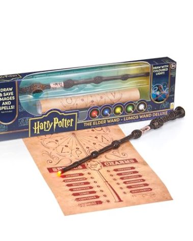 Wizarding World: Deluxe Lumos Wand - Elder Wand - 14" Hand-Painted Replica, Color LED Tip, Spell Poster, Collectible Harry Potter Toy, App Photo Play