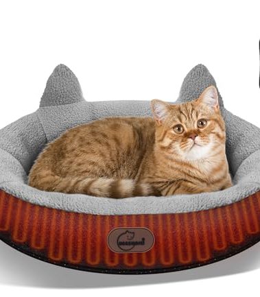 herehomi Heated Cat Bed for Small Size Cats, Heated Pet Bed with Timer & Temp Adjustable, Removable Waterproof Pet Heating Pad for Indoor, Gray Cozy Donut Electric Bed Heater Warmer for Kitten Cat
