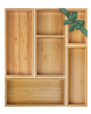 Bamboo Drawer Organizer Set, 5 PCS Multi-Use Individual Wood Storage Organizers, Junk Drawer Divider and Storage Trays Containers for Kitchen, Bathroom, Office Desk, Makeup, Jewelry, Utensils