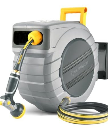 GLAHODEN Retractable Garden Hose Reel 5/8 in x 100 ft Upgraded UV Resistant Heavy Duty Automatic Hose Reel Wall Mount 3/4 in Brass Fitting 9 Pattern Nozzle Any Length Lock Slow Retraction 180° Swivel
