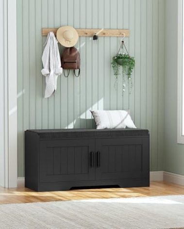 Homleke 2-Tier Storage Bench, Shoe Bench with Thickened Padded Seat Cushion, Entryway Bench with 2 Doors, Adjustable Shelf, 13.8" D x 37.4" W x 18.5" H, for Entryway, Living Room, Bedroom, Black